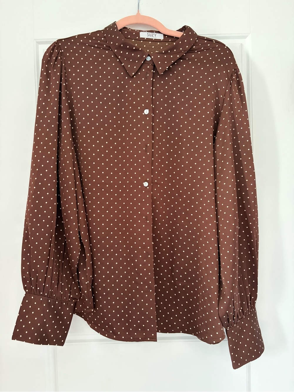 Suzy Shier Brown Polka Dot Button-Down Blouse